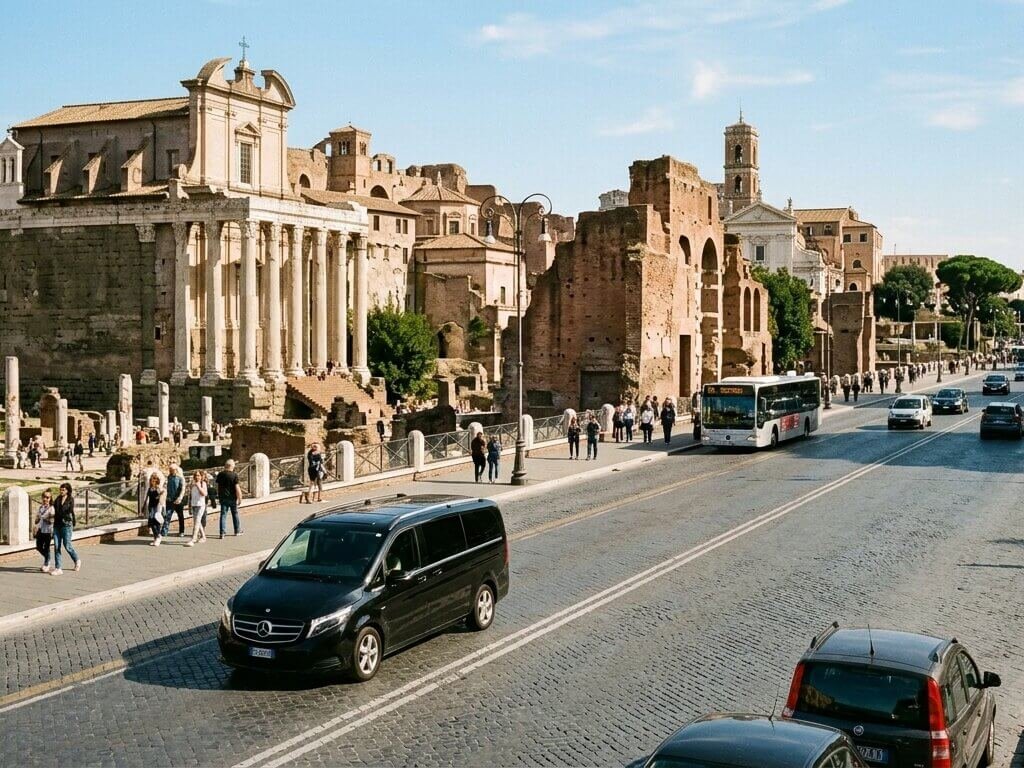 Mercedes van passing the Roman Forum